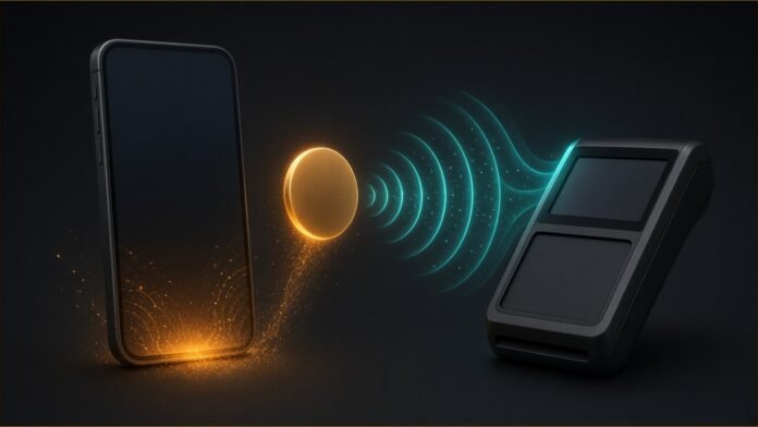 Mesh and Visa Make Crypto Balances Spendable | TSN Illustration of a phone releasing a coin that becomes a contactless wave at a payment terminal.