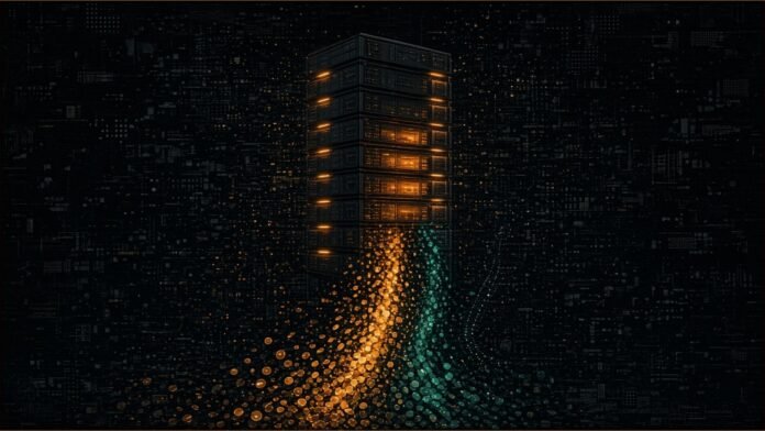 Illustration of a tall stack of glowing server blades fed from below by streams of luminous discs in amber and teal, with a third stream only faintly outlined