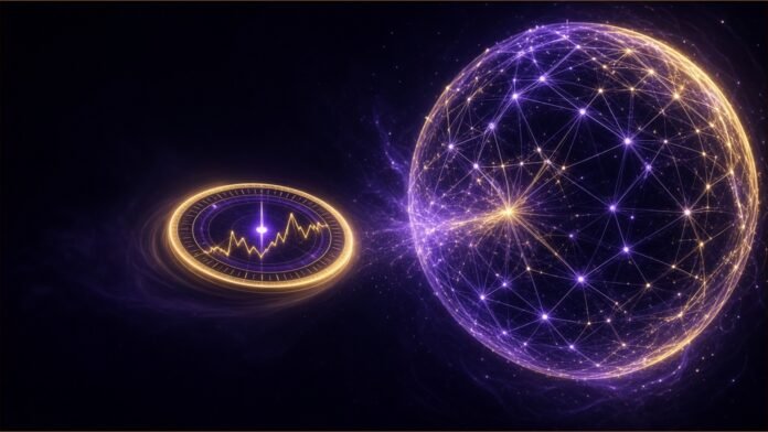 Illustration of a small glowing dial of light drifting into a larger luminous lattice sphere