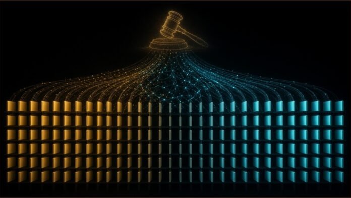 Illustration of a wall of blank glowing book spines feeding data threads into a network core beneath a faint gavel.