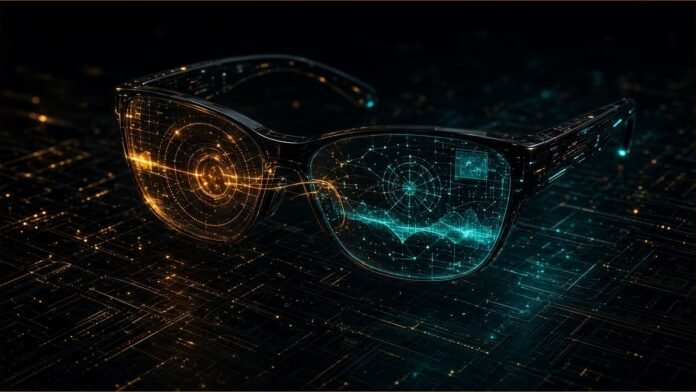 Meta Brera Pilot Uses AI Glasses for Museum Access Museum frames linked by a glowing audio wave ribbon to the arcs of AI glasses, with tactile dots