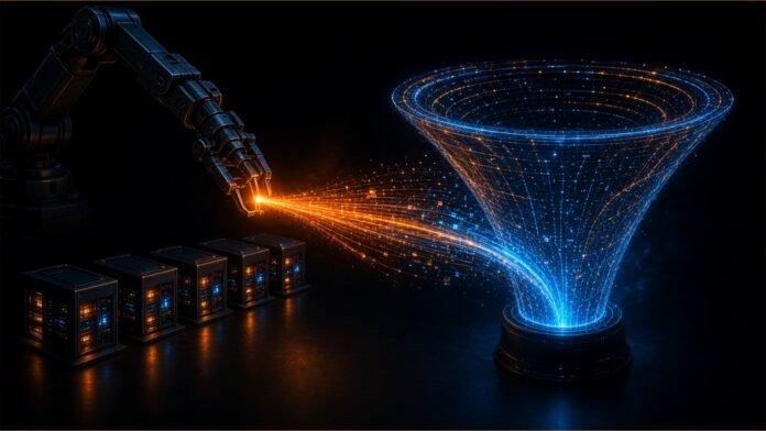 A contract scroll unrolling into a web of glowing threads.