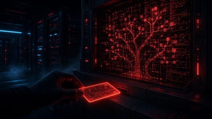 Stolen login key glowing at the edge of a locked code repository