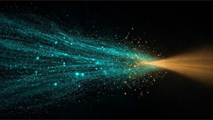 Meta's LLM Tests Helped Catch 74 Privacy Bugs | TSN Illustration of a teal particle stream with an amber beam catching stray particles.