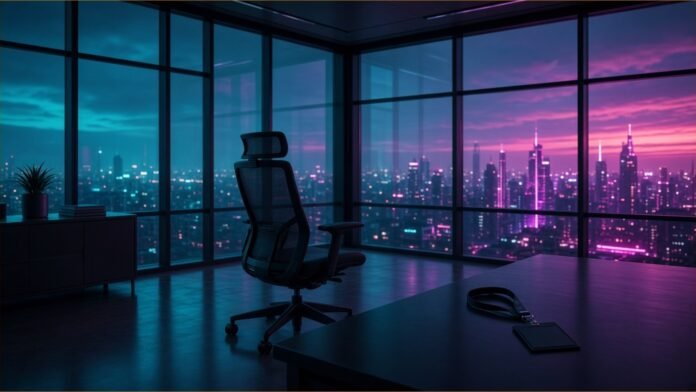 Illustration of an empty glass-walled corner office at dusk with a chair turned to the window and a lanyard left on the desk.