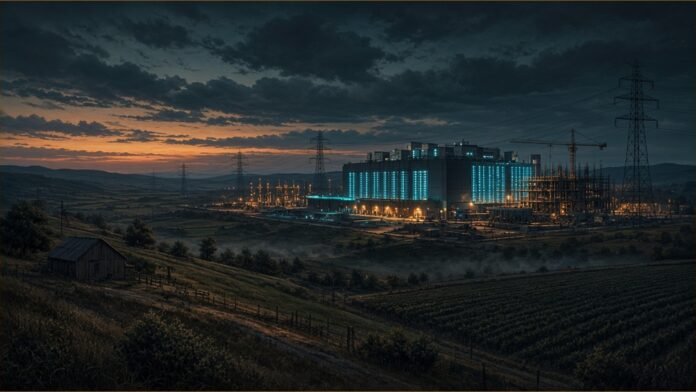 Illustration: rolling Kentucky farmland at dusk with a grid of glowing server-hall outlines rising from the fields, thin power lines converging, amber and deep green.