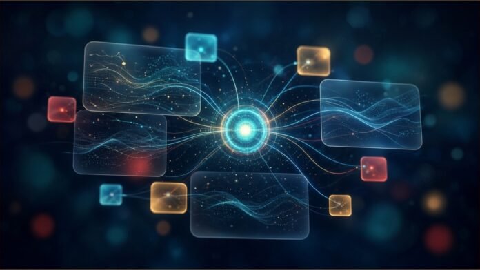 Illustration of translucent glowing panels and small coloured tiles linked by light threads to a bright central orb on a dark background