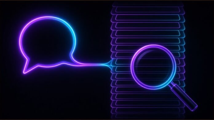 Illustration of a chat bubble feeding a stack of identical link strips under a magnifying glass.