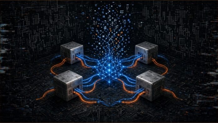 Open neural weight lattice streaming into a Mac Studio silhouette on a dark grid