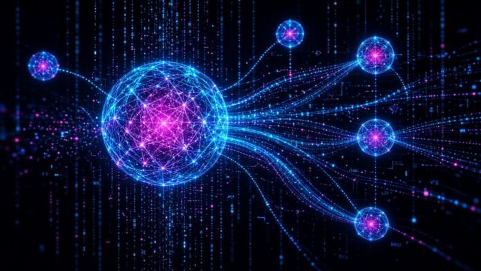 Glowing neural orb branching into agent nodes along neon data streams