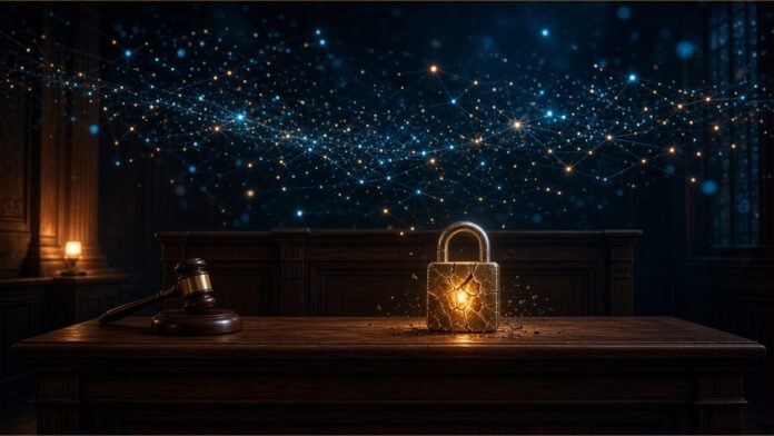 Meta Ordered to Pay New Mexico $25bn, Reports Say | TSN Illustration of a gavel and a cracked glowing padlock on a courtroom bench beneath a web of floating data points
