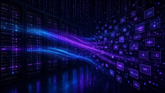 Server racks lighting up with data streams flowing into recommendation cards