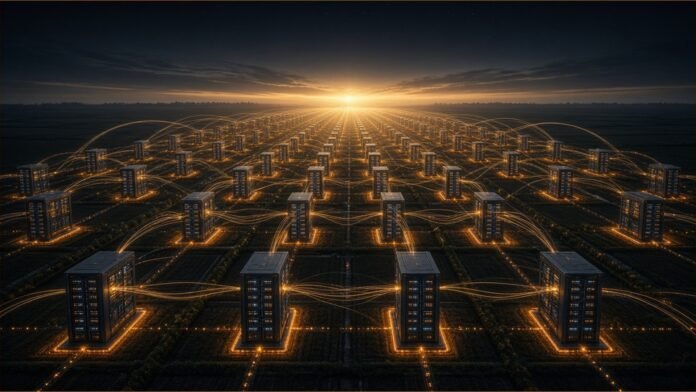 Meta Details Prometheus Ohio Supercluster | TSN Illustration of a grid of GPU racks across farmland linked by glowing fibre arcs.