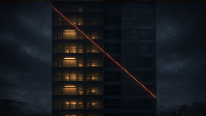 Illustration of a dark glass office tower at night, half lit in warm amber and half dim, with a thin red line of light cutting diagonally down its facade
