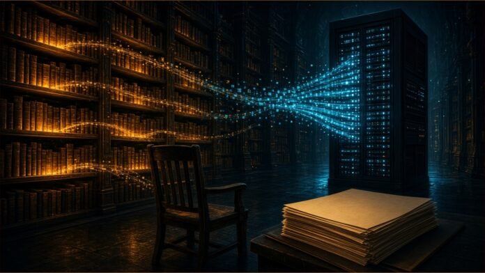 Illustration of a dark library streaming glowing books as data into a server tower, with an empty chair and papers