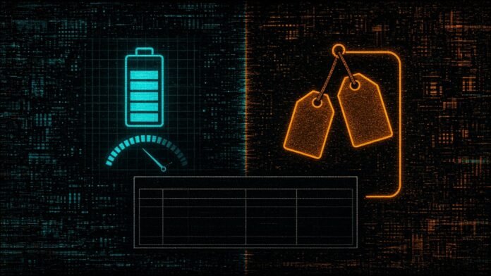 Metals Market: China Lithium Survey and Tungsten's Two Prices Symbol-only illustration of a split circuit grid with a cyan battery cell and falling stock gauge on the left and two unequal orange price tags joined by a stretched bracket on the right.
