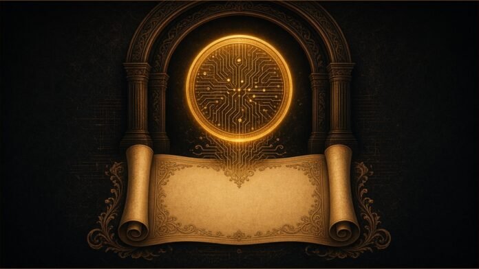 Illustration of a circuit-patterned coin above a blank share certificate under an arch.