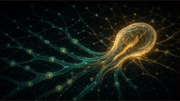 Illustration of glowing lipid spheres travelling along branching paths to a highlighted organ-shaped node.