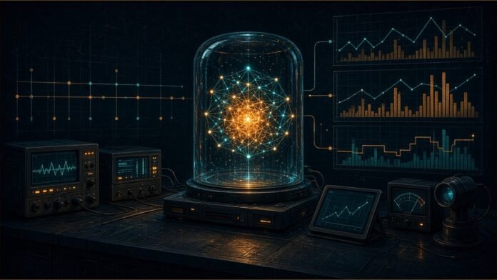 METR Proposes Public Loss-of-Control Reports on AI Labs Glass server room seen through a magnifying lens, faint agent node lines straining against a translucent fence