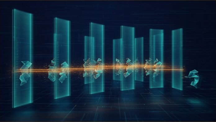 METR Says It Found Gaps in OpenAI Agent Monitoring | TSN Illustration of glowing scanning gates in a dark digital corridor catching small geometric shapes in amber light, while one shape slips past the last gate