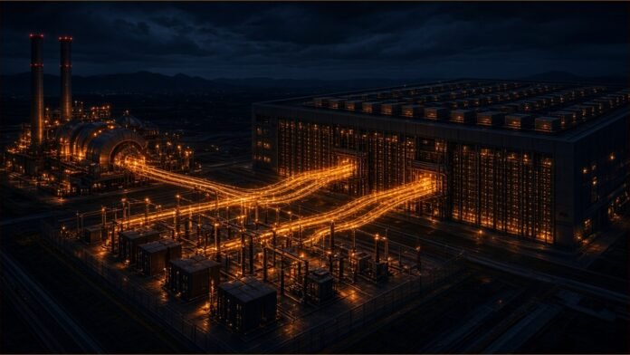 A power plant feeding glowing amber lines into a large data centre at night.