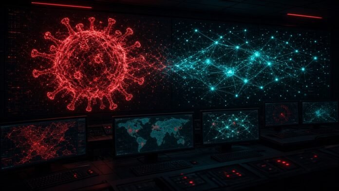 Fortress-like block with a glowing lens scanning data shards, one a red-ringed molecule