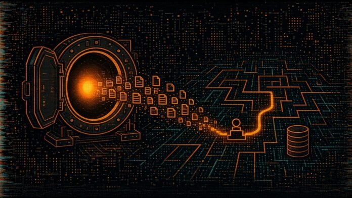 micro1 Says It Will Spend $1bn on Company Data to Train AI Agents An open vault streaming documents into a glowing maze where a small agent node follows a path, beside a database stack.