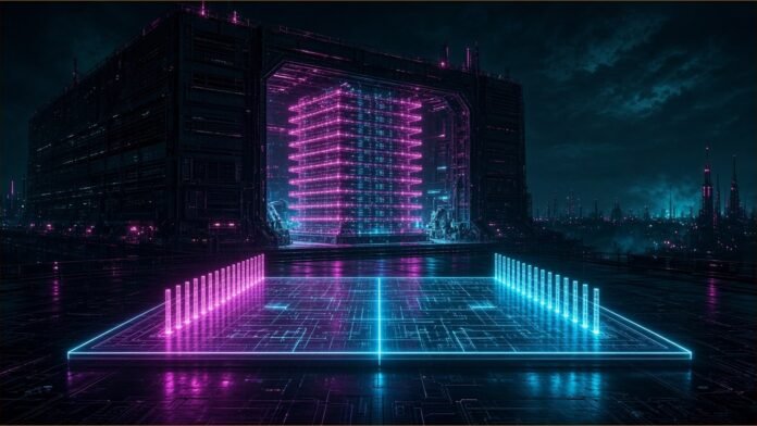 Stack of glowing memory die layers on a packaging substrate inside a clean factory hall outline