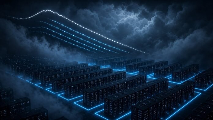 Glowing blue cloud-shaped server lattice with translucent scissors of light hovering beside it