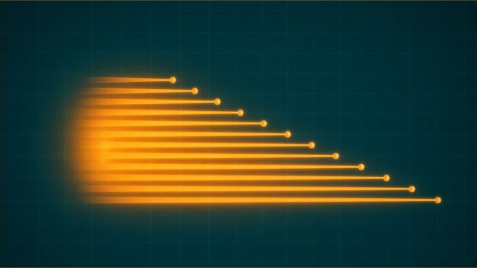 Illustration of Microsoft bond concept in teal and amber: a staircase of glowing amber bands of increasing length, each ending in a small bright node, over faint teal grid lines.