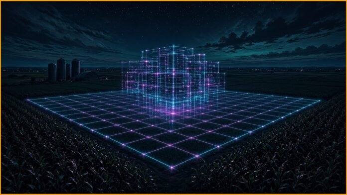Microsoft Buys About 600 Acres in Woodward, Iowa Glowing farmland grid with a large empty plot outlined in light and faint server blocks yet to rise