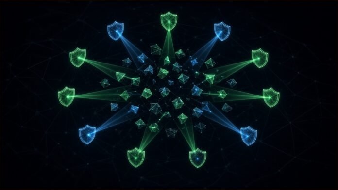Microsoft Adds Guardian Agents to Police AI Agents | TSN Illustration of a ring of glowing shields scanning a swarm of small geometric agents.