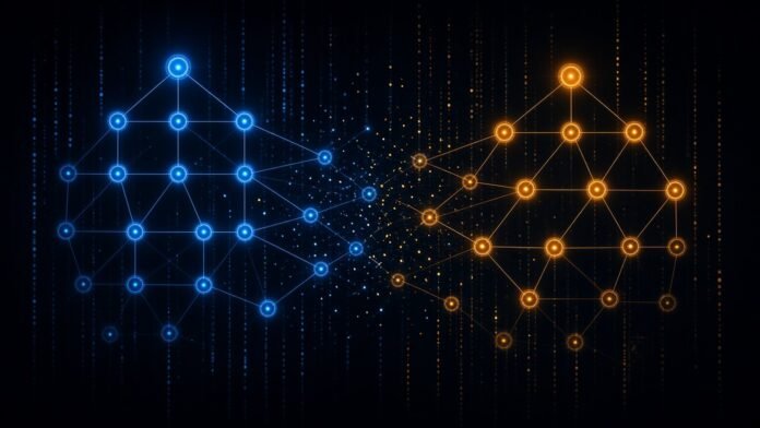 Two neon org-chart networks reconnecting across a gap