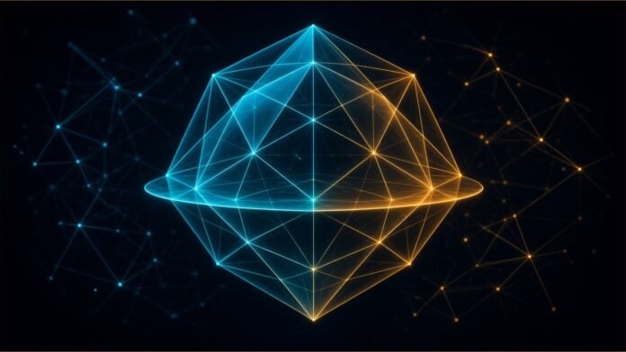Illustration of a glowing blue and orange wireframe convex shape sliced through its middle by a bright plane