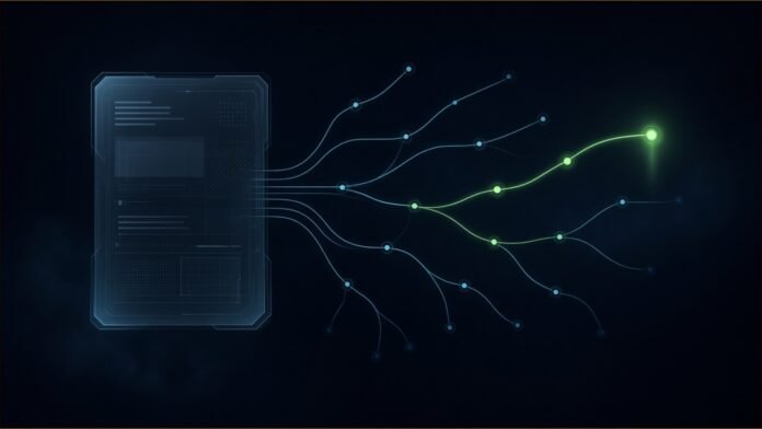 Illustration of a translucent case file panel with branching cyan decision paths, one route lit green leading to a single bright node
