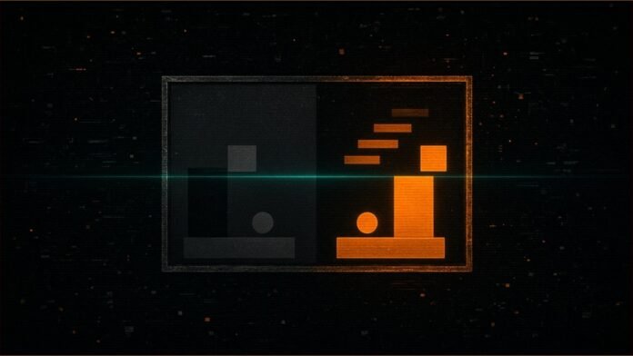 Illustration of a floating frame of block shapes, half dim grey and half relit in amber, crossed by a teal scan line