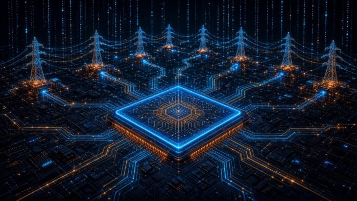 Microsoft Unveils Maia 300, Multi-Gigawatt Maia From 2027 Glowing AI accelerator chip wired into a neon power grid of transmission towers