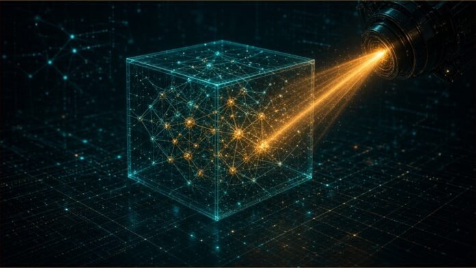 A translucent cube of neural network weights inspected by an amber beam.