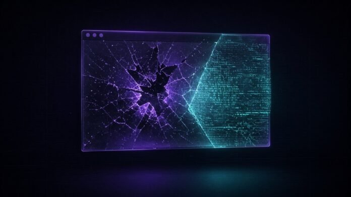 Cracked desktop window frame being sealed by a glowing patch shield