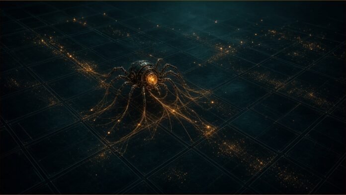 A glowing mechanical spider-like probe trailing amber threads across a dark grid of tiles.