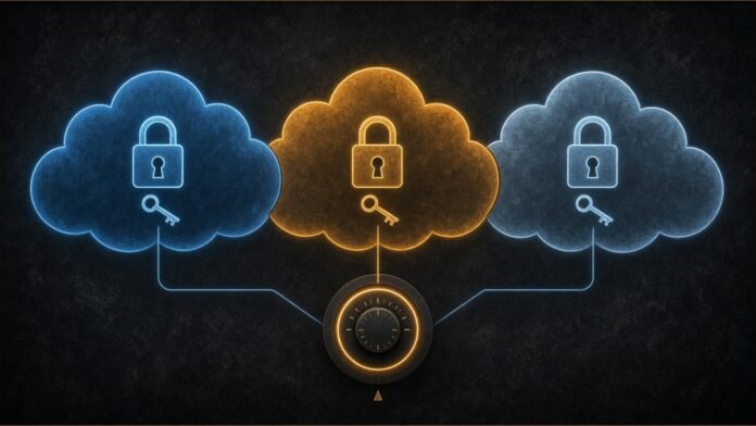 Illustration of three glowing clouds with padlocks and keys linked to a single control dial.