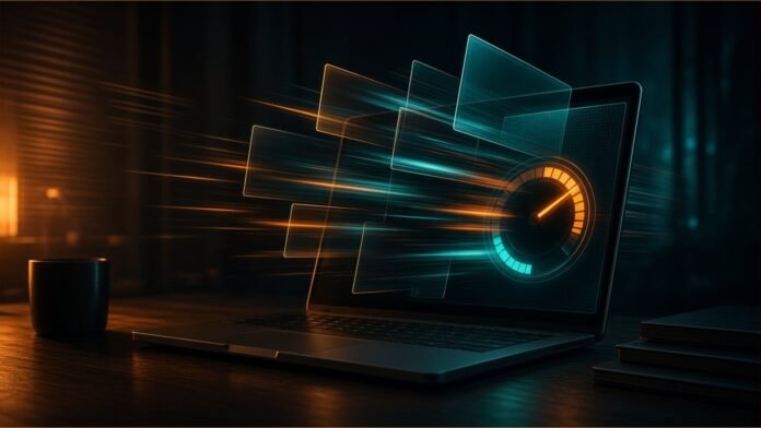 microsoft-windows-11-responsiveness Illustration: Start-menu glyph accelerating along a memory-rail with an 8GB badge; Microsoft-blue and white.
