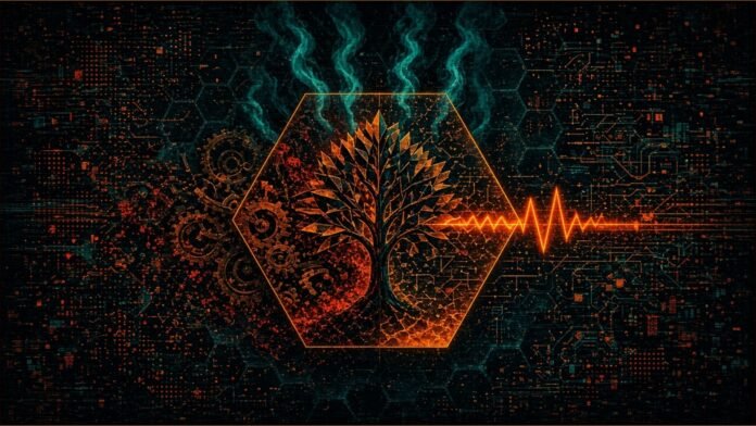 Illustration of a glowing hexagonal tile with a geometric tree, split between slow gears and a fast circuit pulse under rising smoke