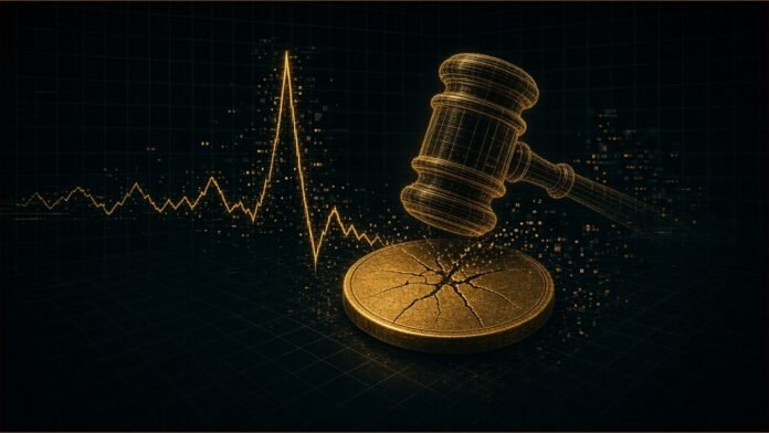Judge Dismisses $LIBRA Case Against Milei | TSN Illustration of a gavel striking a cracked crypto coin above a crashing price chart
