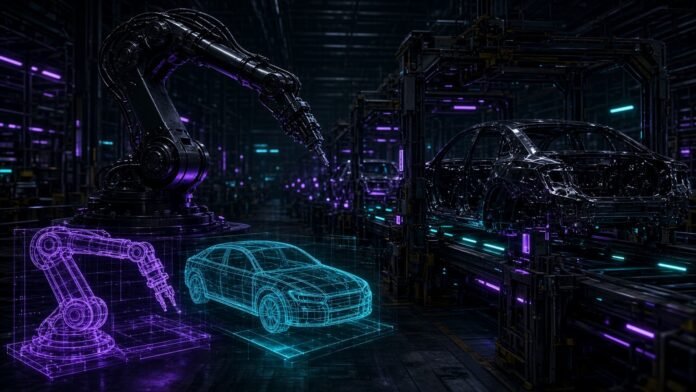 Rivian Spinout Mind Robotics Names Doug Field President Industrial robot arm silhouette lit by a single spotlight on a factory floor grid