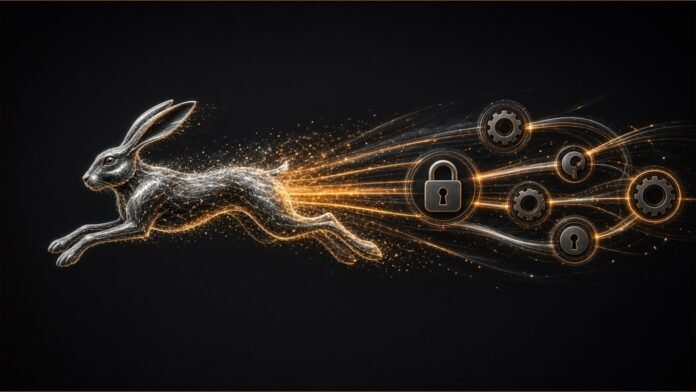 Illustration of a running rabbit dissolving into a chain of glowing tool nodes.