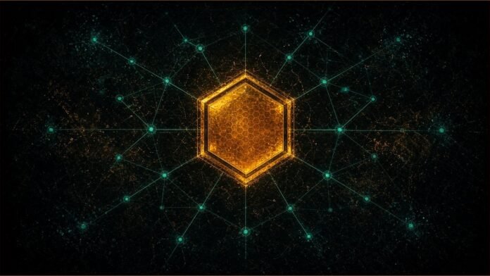 Illustration of an amber hexagonal seal linked to a constellation of teal nodes.