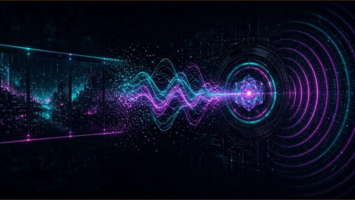 Mirelo Launches SFX 2.0, a Video-to-Sound AI Model Film strip of abstract frames above a glowing waveform, one bright band kept while a tangled band dissolves