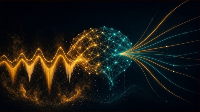 Illustration: sensor waveform forking into quantile forecast bands feeding a plant-floor alert glyph; indigo and amber.