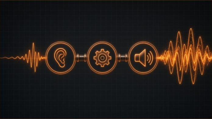 Illustration of a sound waveform passing through three linked glowing nodes and emerging as a richer waveform.